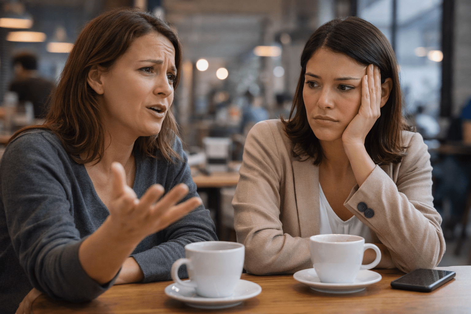 Dos mujeres conversando en un café, una hablando con gesto pesimista y la otra escuchando con expresión de cansancio emocional