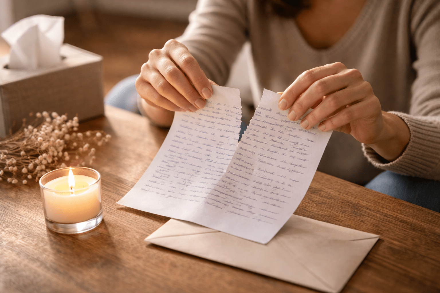 Persona rompiendo una carta escrita a mano sobre una mesa con una vela encendida, representando cierre emocional y liberación del resentimiento.
