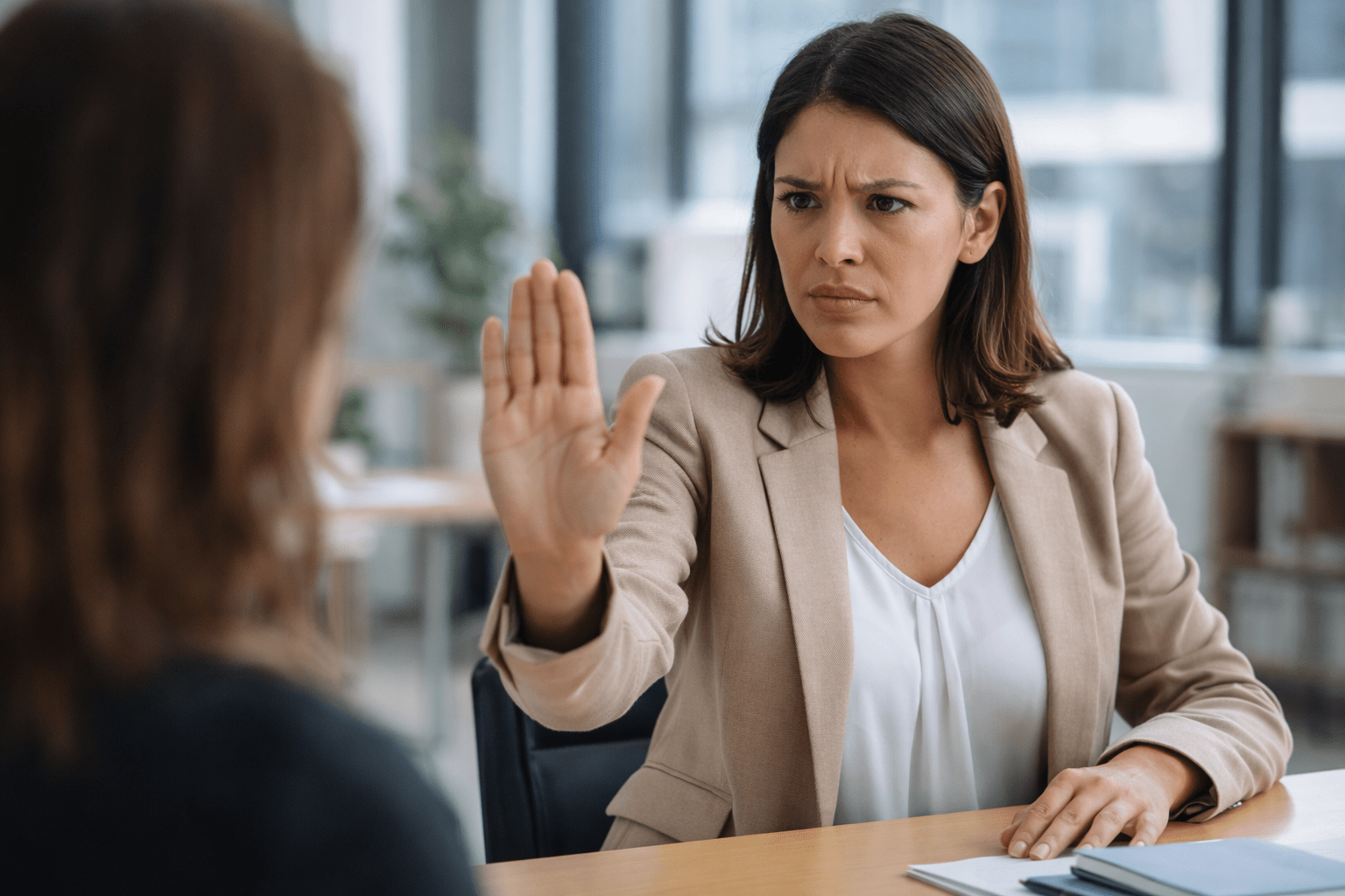 Mujer argentina en oficina levantando la mano con gesto firme mientras establece un límite en una conversación profesional