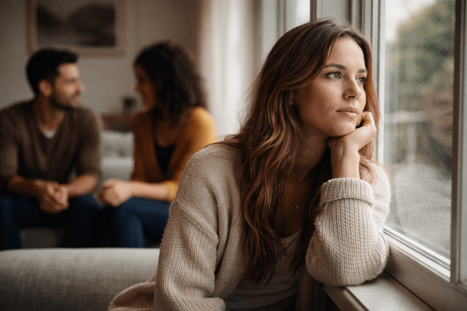 Mujer adulta reflexionando junto a una ventana mientras su pareja conversa con otra persona en segundo plano desenfocado, escena emocional y cotidiana sobre poliamor