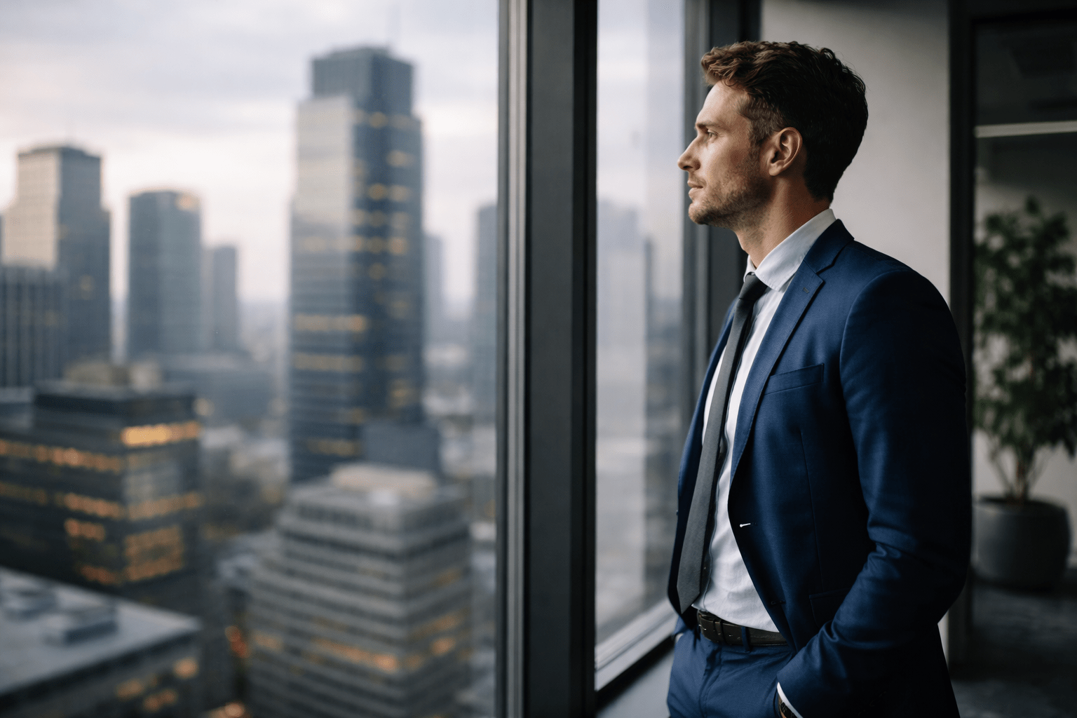 Ejecutivo en oficina moderna mirando por la ventana de un edificio alto con expresión reflexiva y ciudad al fondo, representando el dilema entre ser y tener