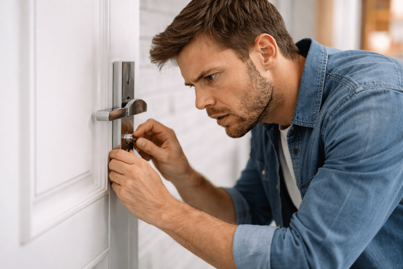 Hombre adulto revisando repetidamente la cerradura de una puerta con expresión de ansiedad y tensión