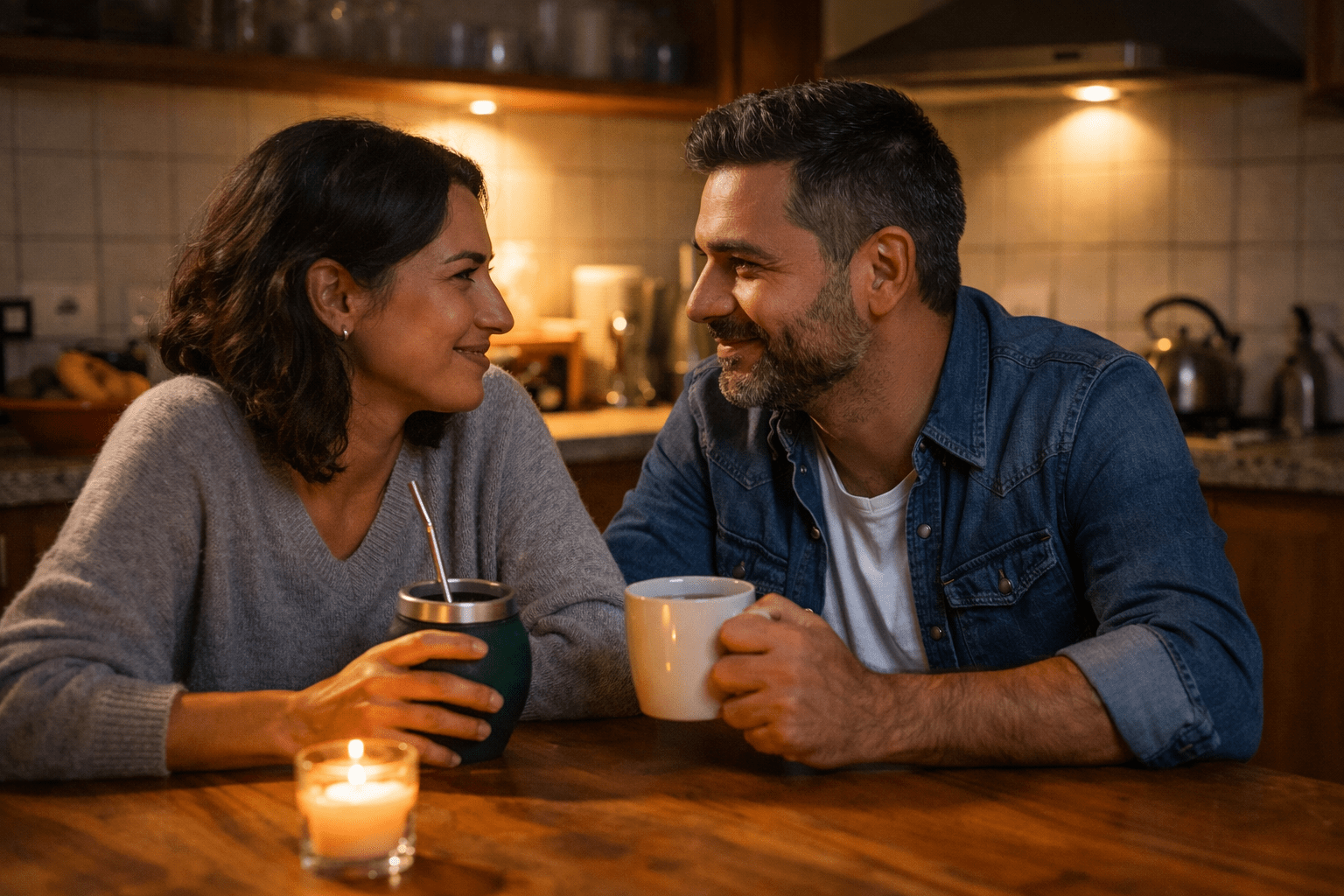 Pareja argentina conversando en la cocina de su casa, de noche, con una atmósfera cálida y cercana. Ambos se miran con ternura mientras comparten un mate y una taza, reflejando intimidad emocional, confianza y diálogo en un entorno hogareño realista.