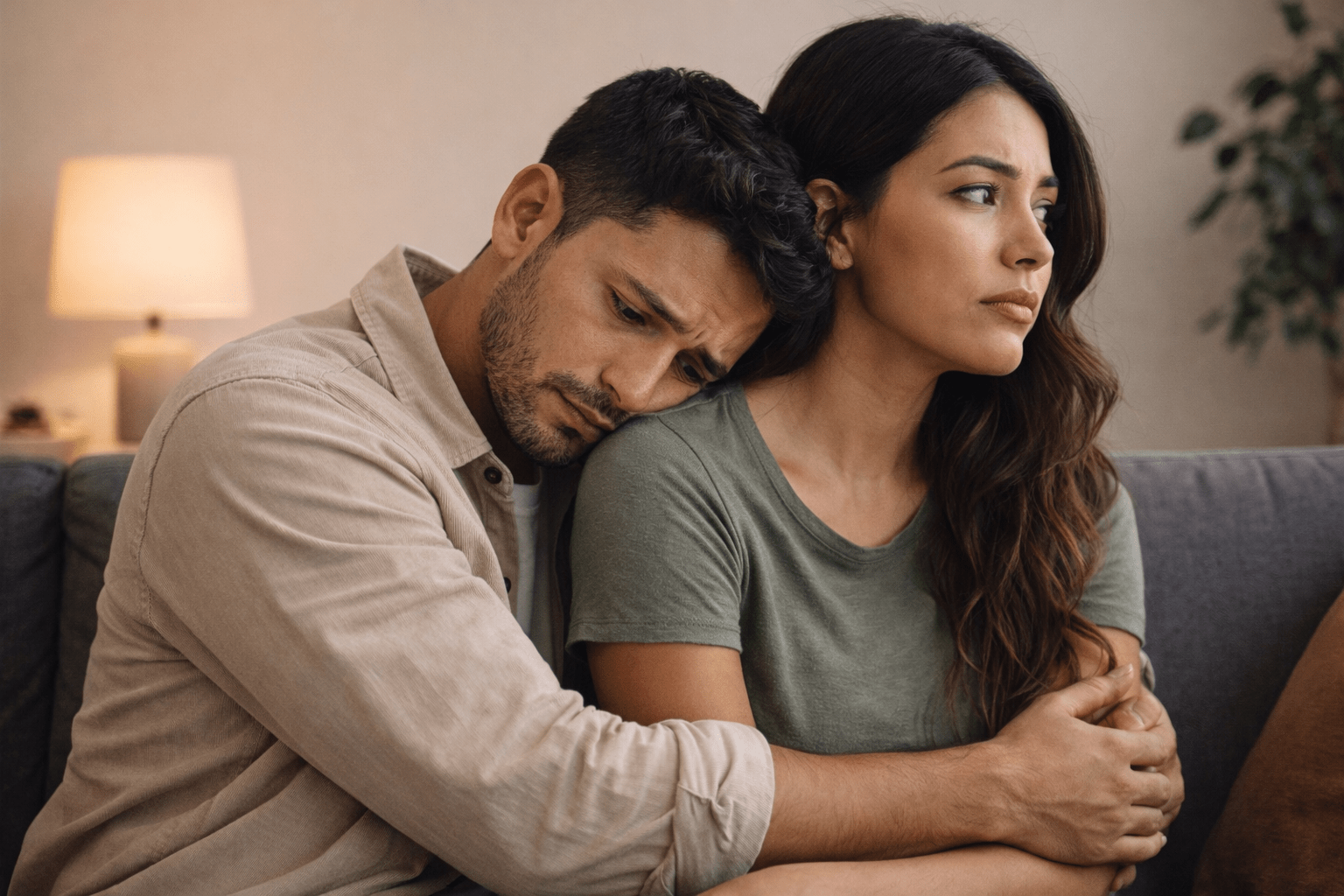 Pareja latina sentada en un sofá; el hombre abraza a su pareja con expresión de inseguridad mientras ella mira hacia otro lado, reflejando distancia emocional y miedo al abandono dentro de la relación.