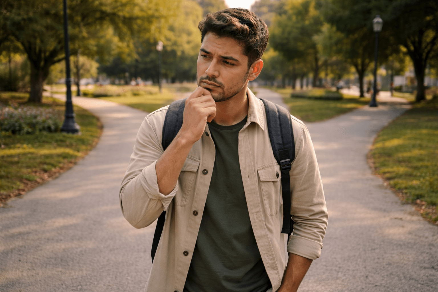 Hombre latino de pie en una bifurcación de caminos en un parque urbano, con expresión pensativa mientras decide qué dirección tomar.