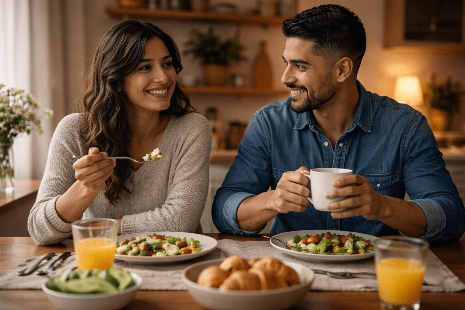 Pareja latina compartiendo una comida simple en una cocina con ambiente cálido, sonriendo mientras conversan y disfrutan un momento cotidiano juntos.