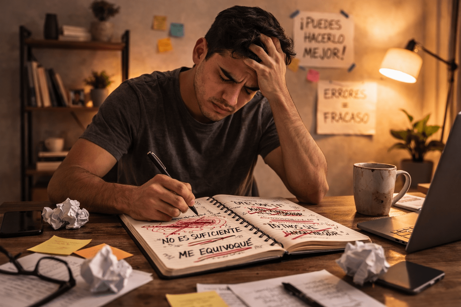 Hombre latino sentado en un escritorio con una libreta llena de tachaduras y correcciones, con gesto de frustración y autocrítica mientras revisa su trabajo.