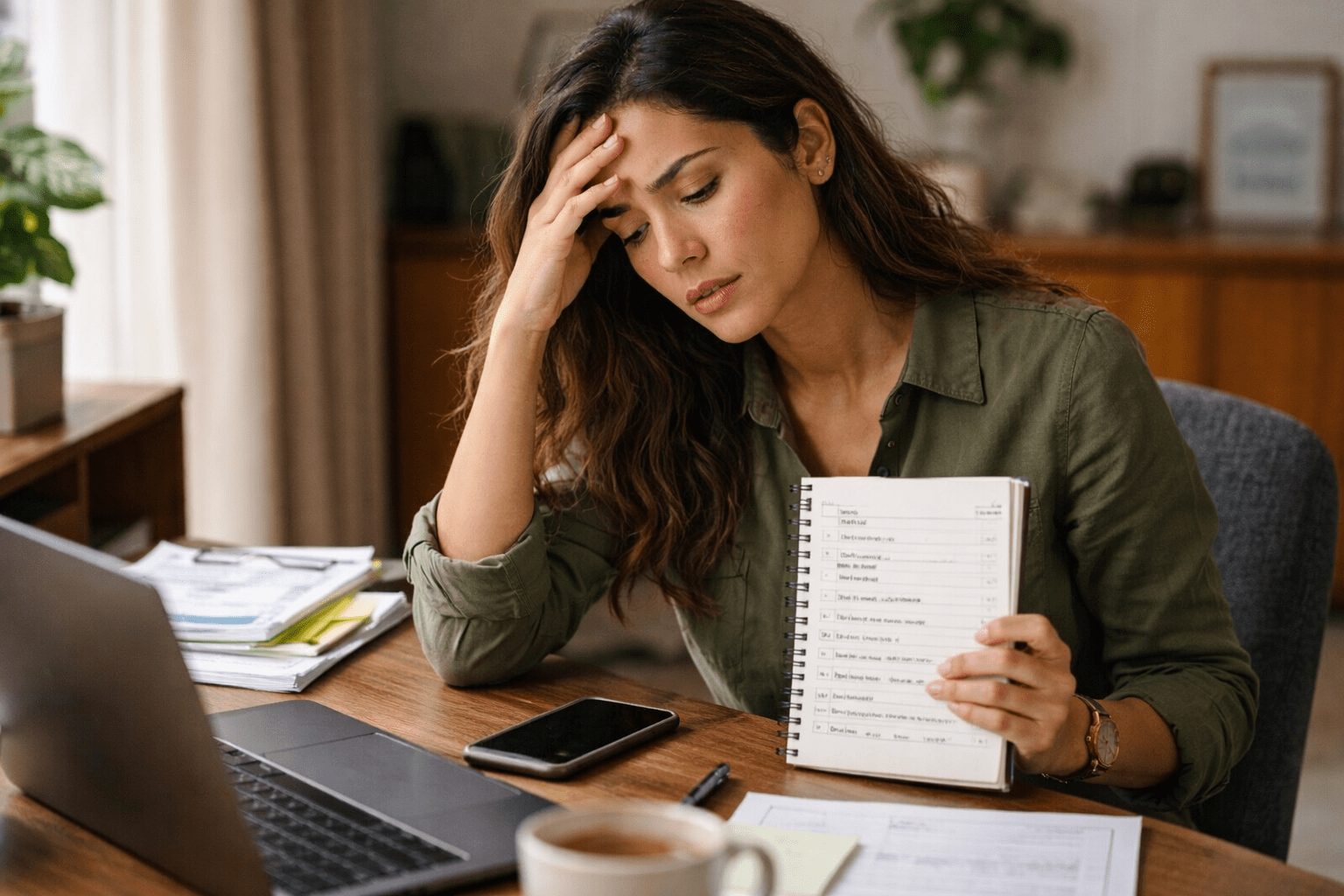 Mujer latina sentada en un escritorio mirando una lista de tareas mientras se toma la cabeza con expresión de presión y cansancio, representando la autoexigencia y el perfeccionismo en la vida cotidiana.