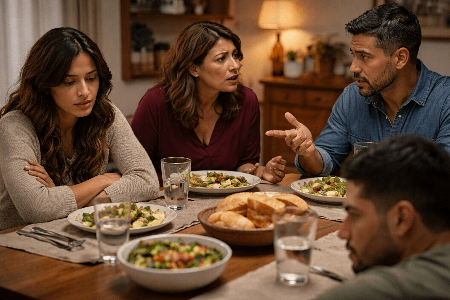 Familia latina sentada en una mesa de comedor con tensión emocional visible mientras algunos discuten y otros permanecen en silencio incómodo.