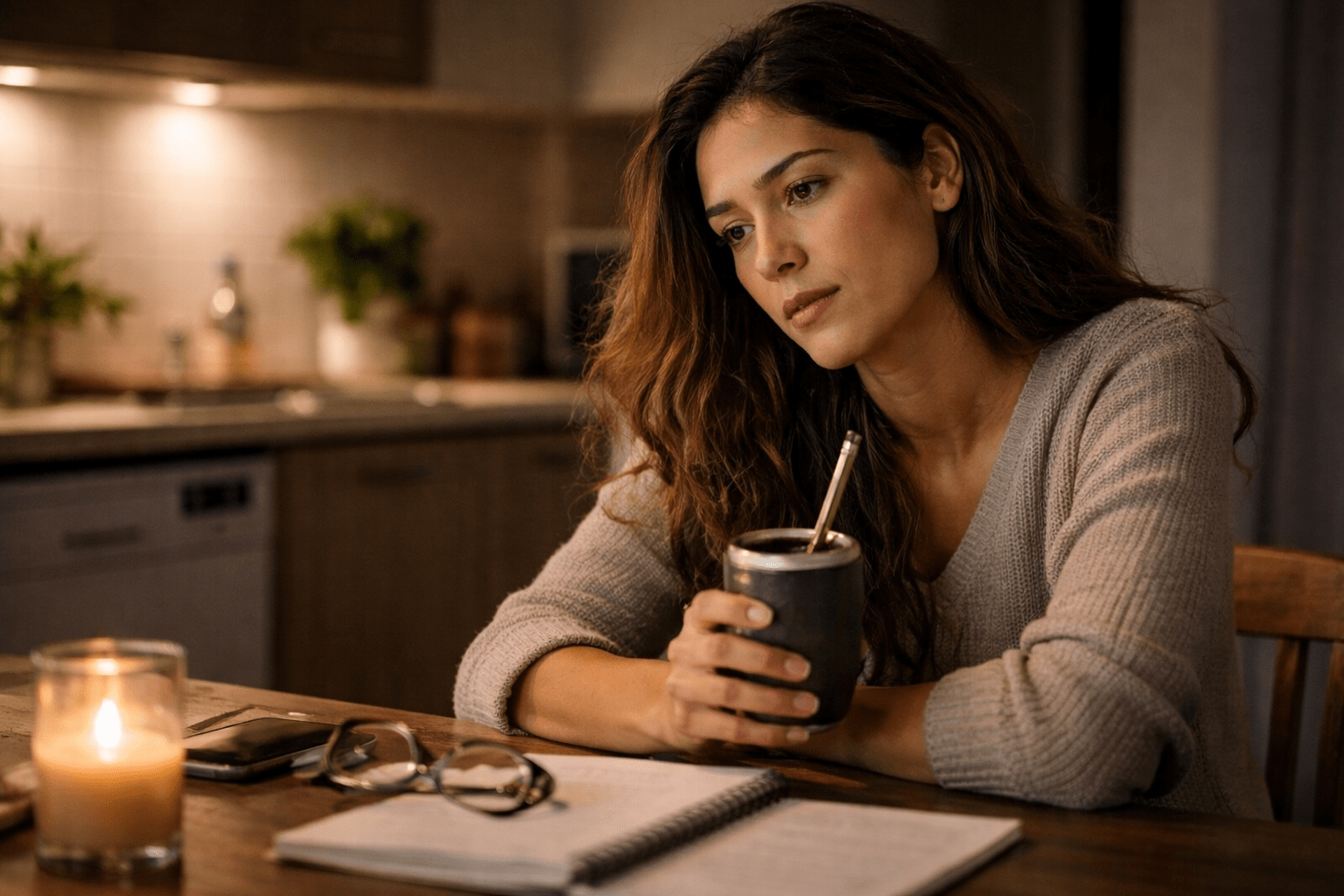 Mujer latina sentada en la cocina por la noche sosteniendo un mate, mirando en silencio con expresión reflexiva y cansada, representando la carga emocional de quienes siempre deben ser fuertes para los demás.