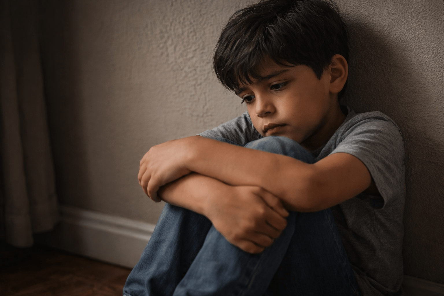 Niño latino sentado en un rincón abrazándose a sí mismo con expresión de tristeza y vulnerabilidad, representando el impacto emocional del maltrato infantil.