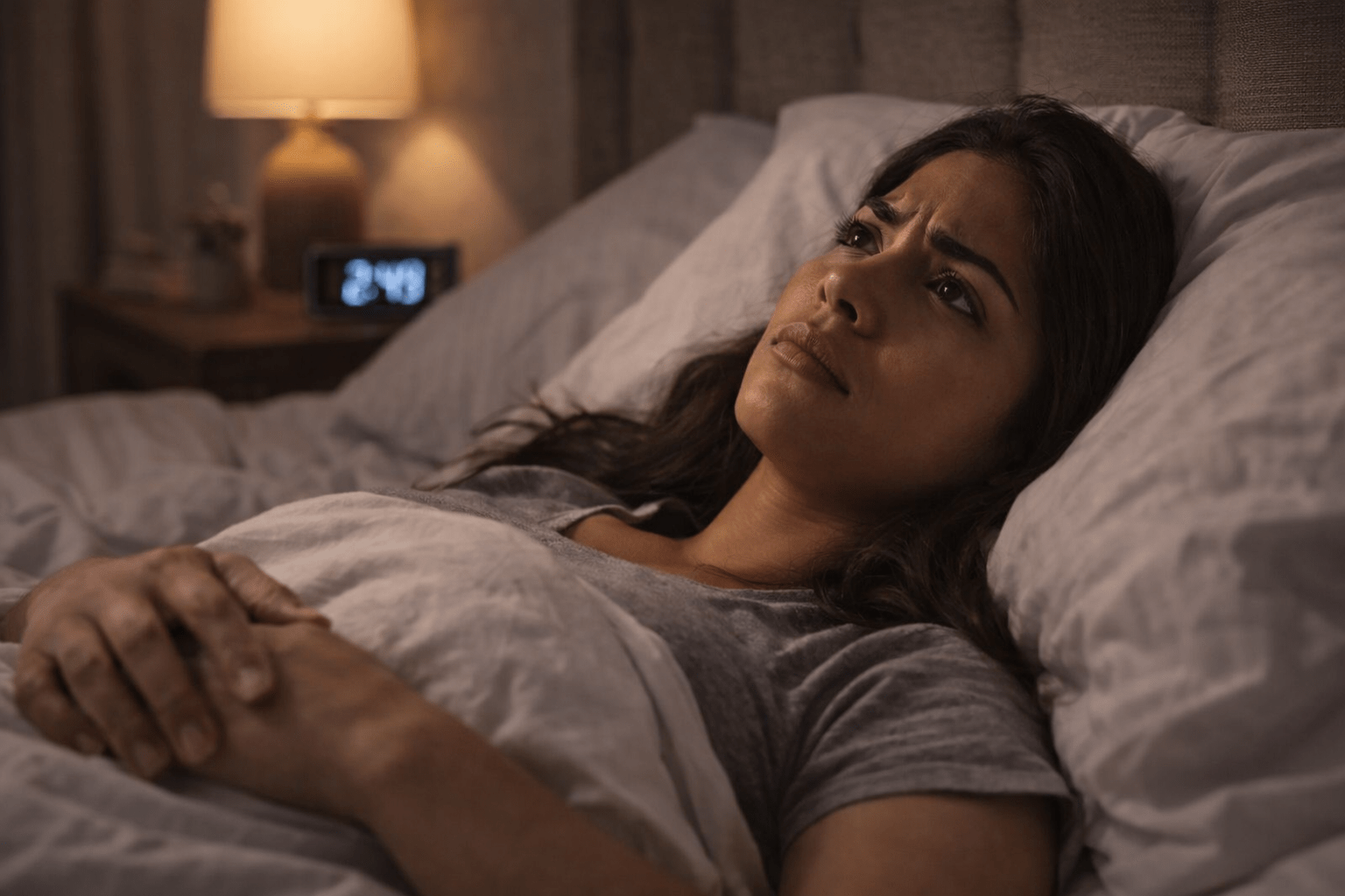 Mujer latina acostada en la cama mirando el techo con expresión de preocupación mientras intenta dormir, reflejando pensamientos anticipatorios y ansiedad por el futuro.