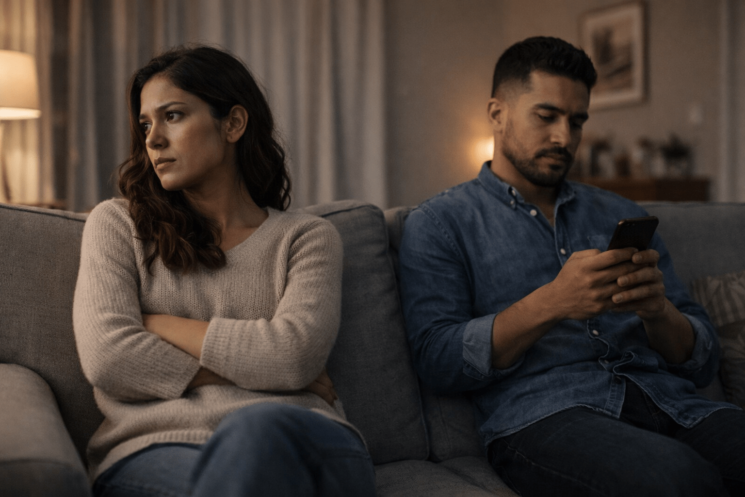 Pareja latina sentada en un sofá en silencio; la mujer mira hacia un lado con expresión de desconexión emocional mientras el hombre observa su teléfono, representando la distancia afectiva y la pérdida de identidad dentro de la relación.