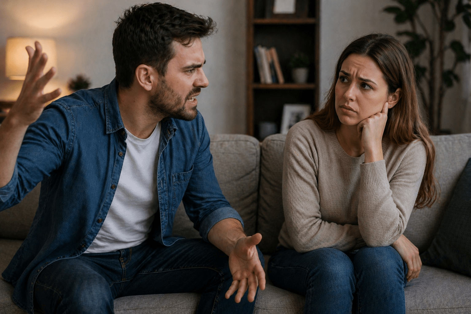 Pareja en un living donde uno muestra irritabilidad con gestos intensos mientras el otro observa con incomodidad, reflejando tensión emocional en la convivencia
