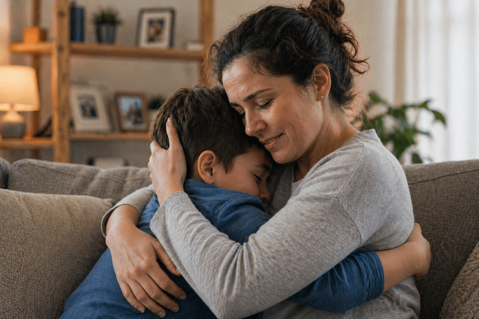 Madre abrazando a su hijo con expresión emocional profunda, reflejando amor, conexión y la complejidad emocional de la culpa parental en un entorno hogareño