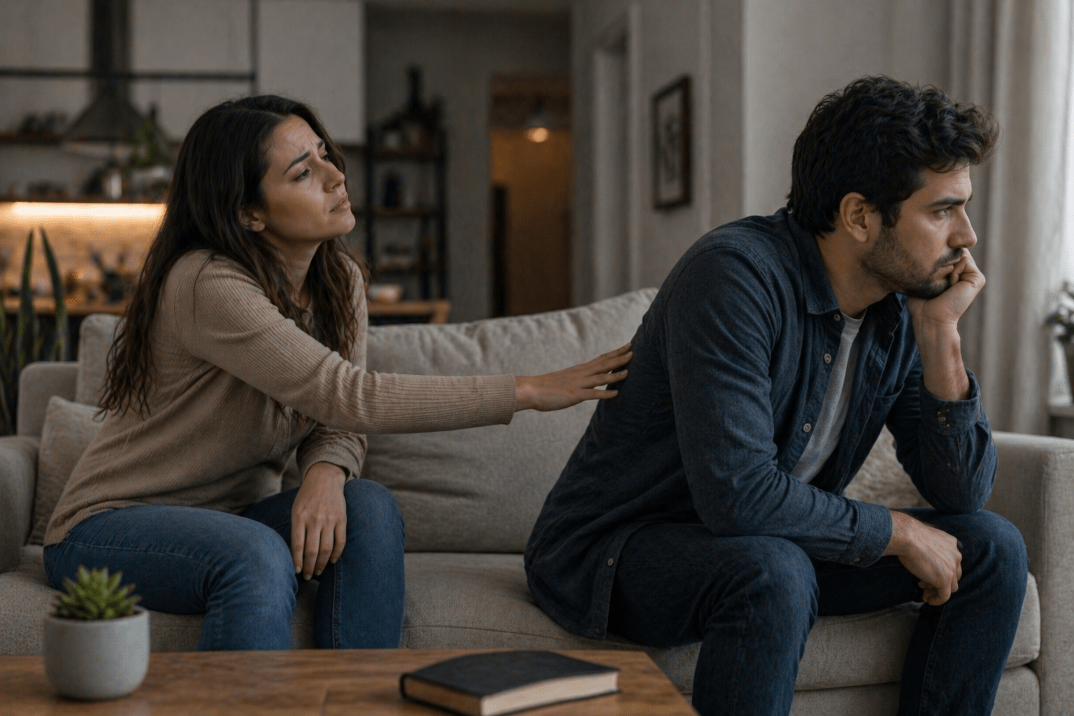 Pareja en un living mostrando distancia emocional, uno distante y retraído mientras el otro busca acercamiento, reflejando desequilibrio afectivo en el vínculo