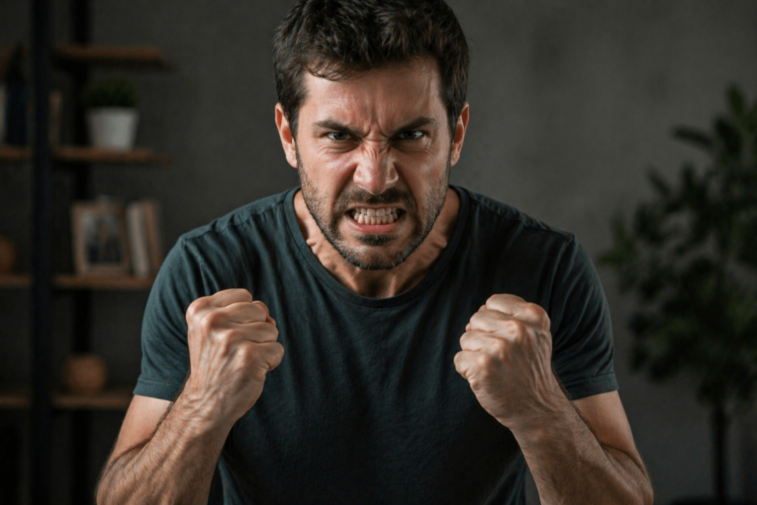 Persona con expresión intensa de enojo, tensión corporal visible y puños apretados, reflejando activación emocional sostenida y estrés acumulado en el cuerpo