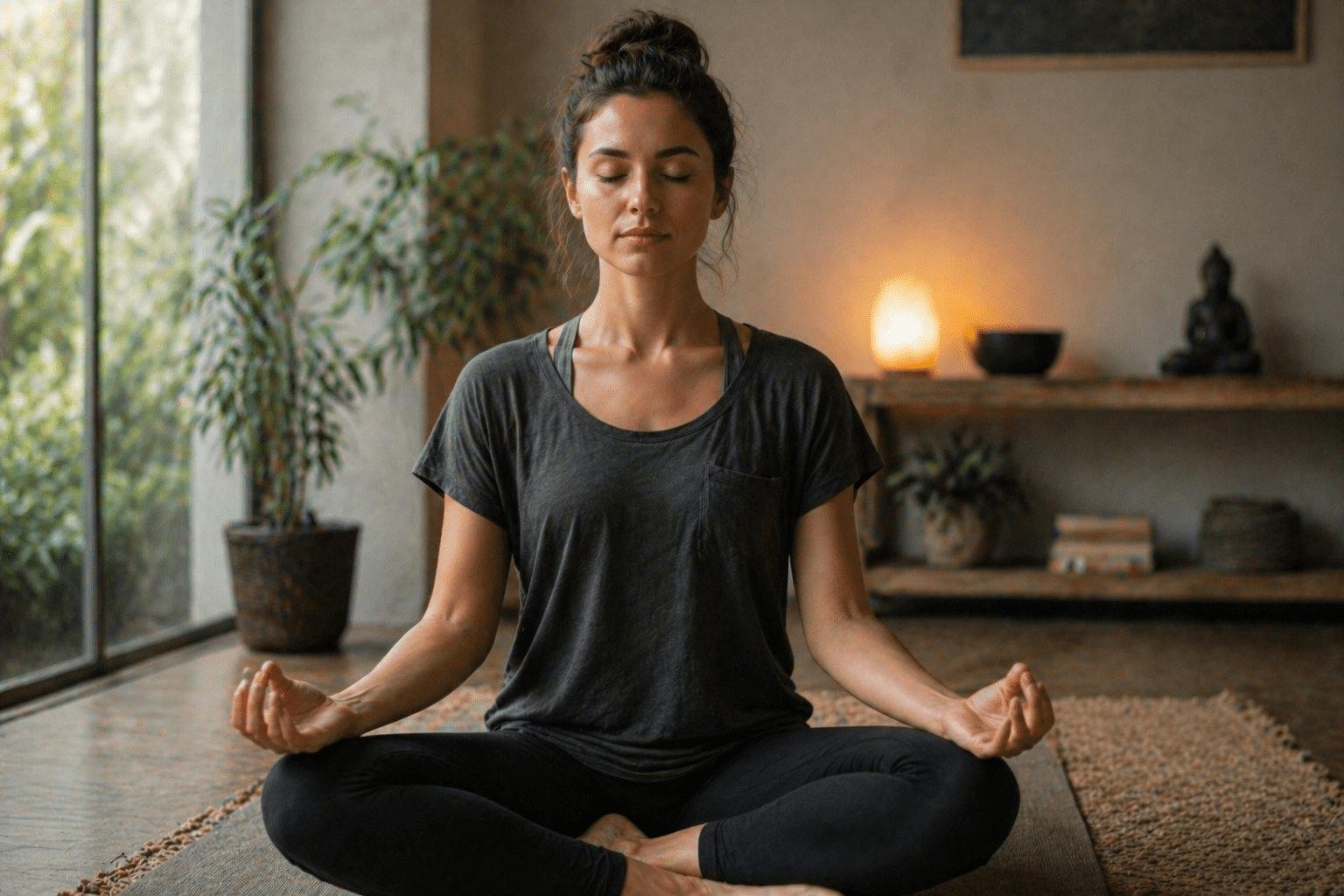 Mujer en postura de meditación con ojos cerrados, en un ambiente cálido y natural, reflejando conexión interna, calma y presencia en el momento