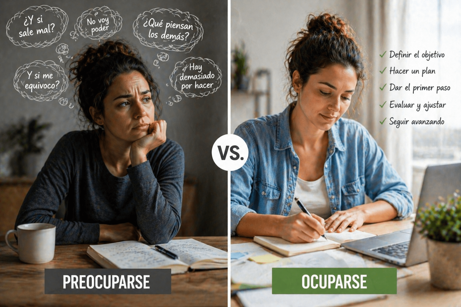 Imagen dividida que muestra a una persona preocupada con pensamientos repetitivos y ansiedad, contrastada con la misma persona enfocada en escribir y actuar, representando la diferencia entre preocuparse y ocuparse