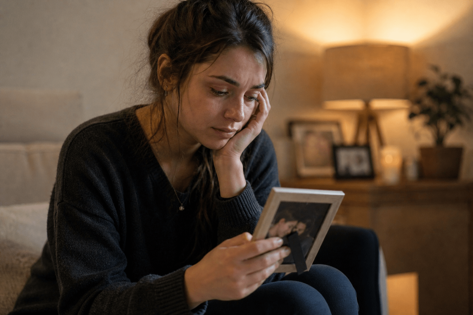 Mujer mirando una fotografía con expresión de tristeza y conexión emocional profunda, reflejando el proceso de duelo y la presencia del recuerdo en un entorno íntimo