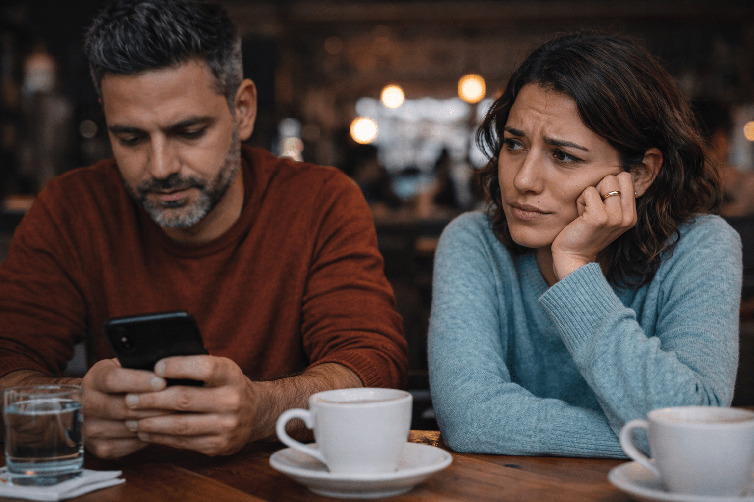 Pareja latina en una cafetería, sentada frente a frente en una mesa de madera. Él mira el teléfono con distancia emocional mientras ella lo observa con dolor silencioso y gesto de desconexión afectiva. La escena transmite ambigüedad vincular, espera y soledad dentro de la compañía, en un entorno cotidiano y realista.