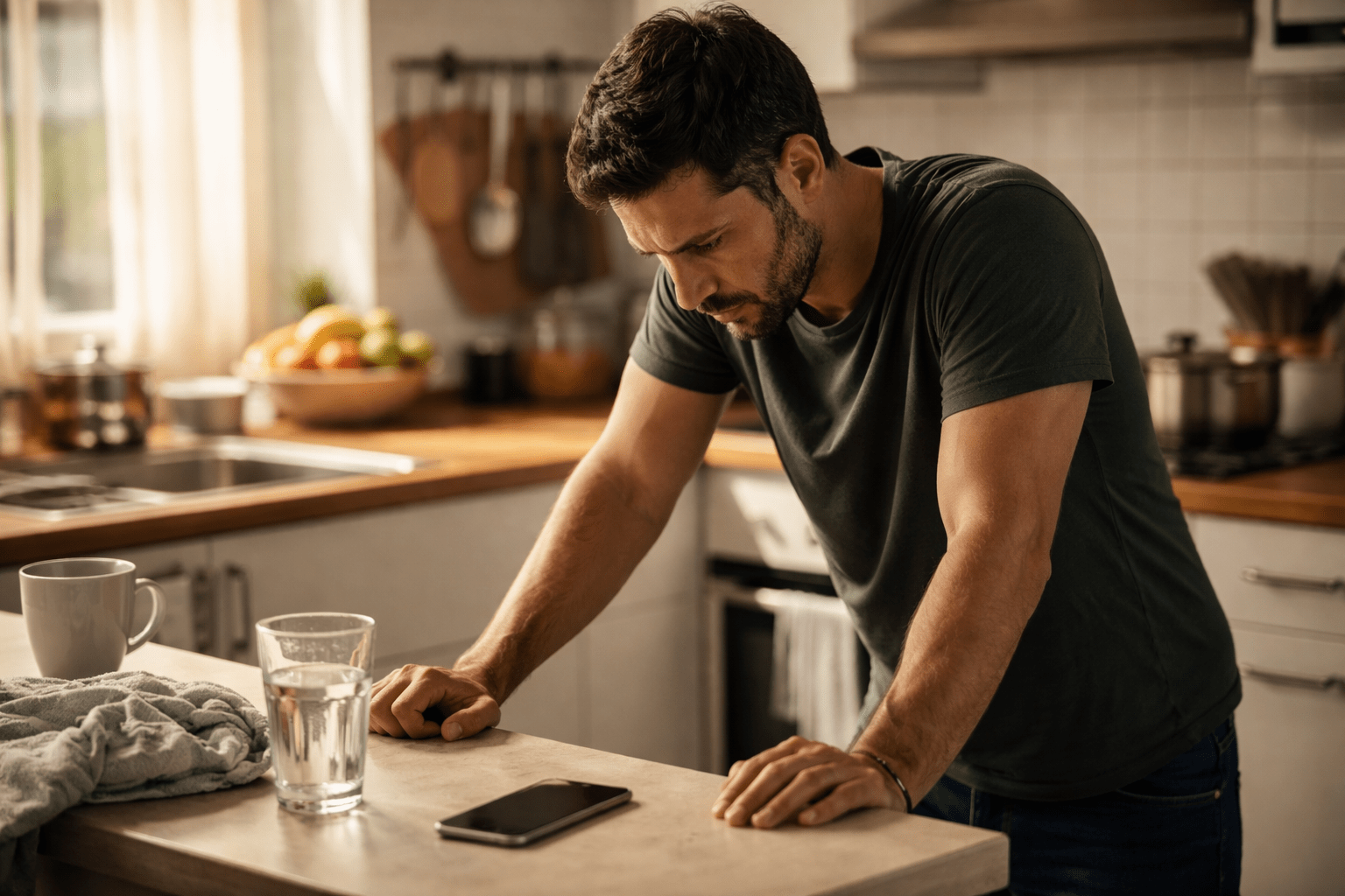 Hombre latino en una cocina, apoyado sobre la mesada con tensión en las manos, intentando calmar su enojo antes de reaccionar.