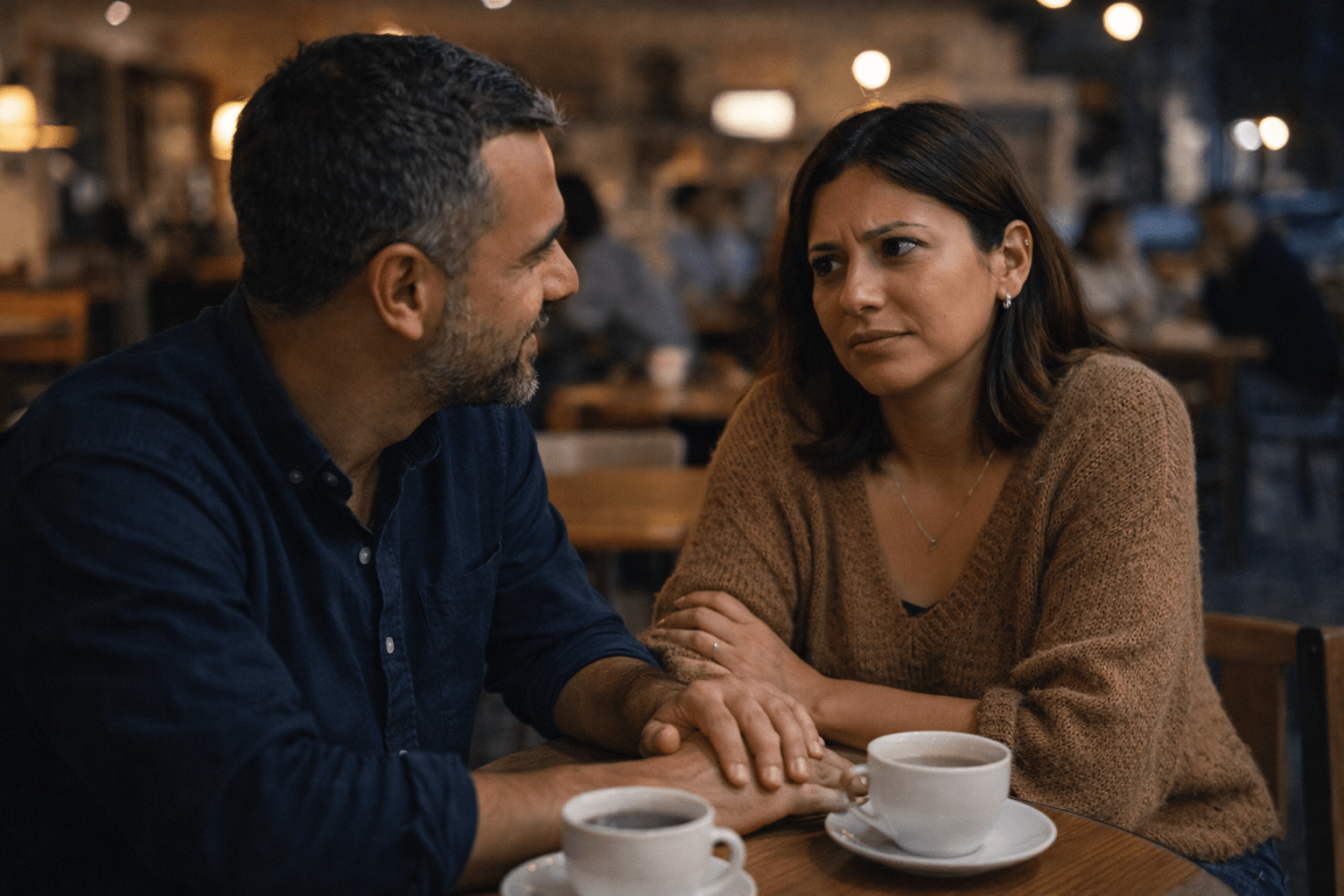 Dos personas latinas sentadas en un bar o café, una con gesto afectuoso pero ambiguo y la otra con expresión confundida y expectante, mostrando cercanía sin claridad. Fotografía realista, clima emocional íntimo, luz cálida y estética cotidiana latinoamericana.