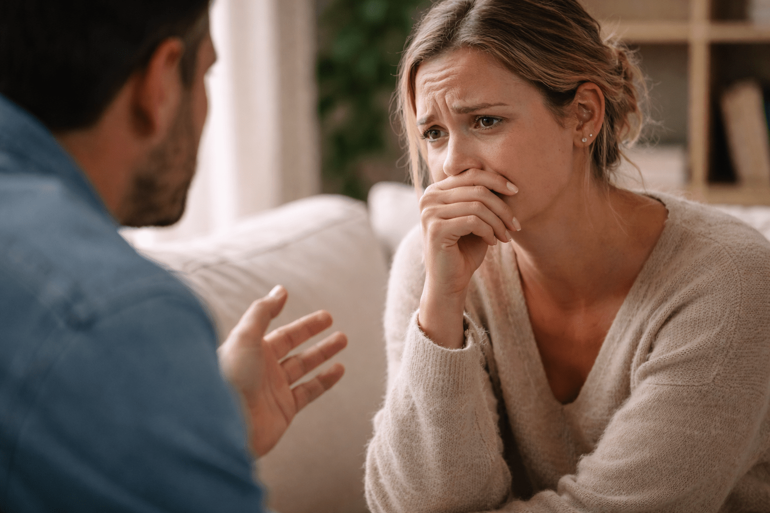 Persona adulta llorando durante una discusión de pareja en un entorno cotidiano, reflejando desborde emocional, vulnerabilidad y dificultad para sostener el conflicto