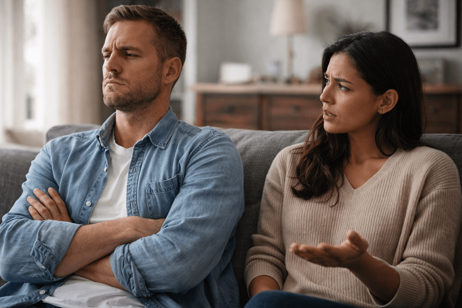 Pareja en tensión emocional en un living, uno con actitud distante y el otro intentando comunicarse, reflejando dinámica pasivo agresiva en un vínculo
