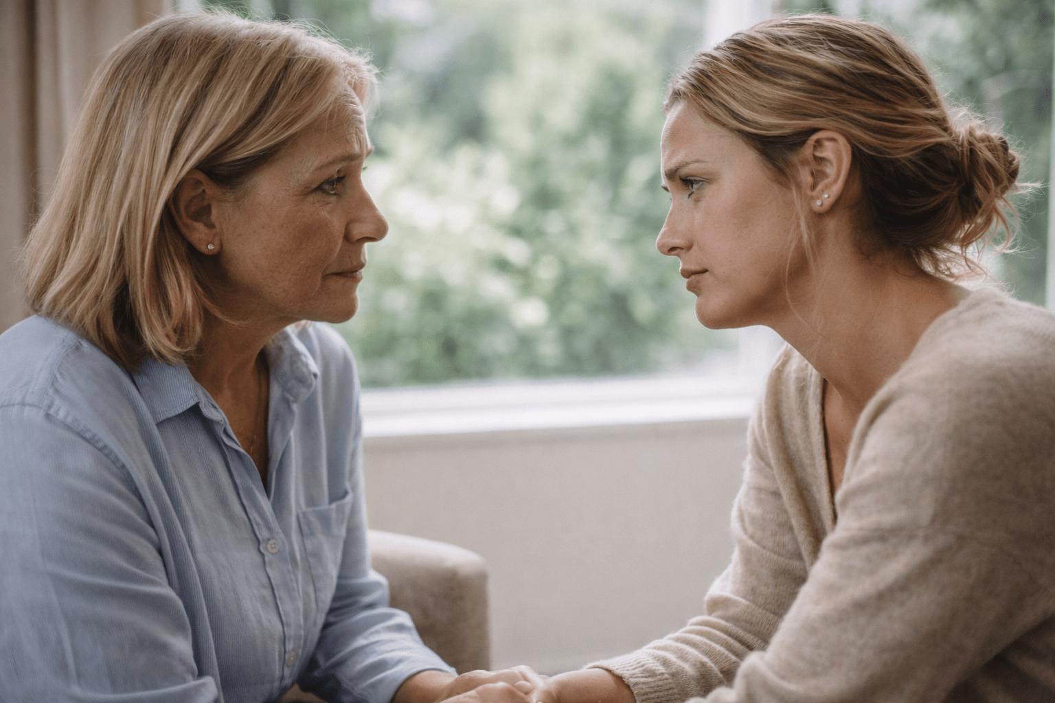 Madre e hija adultas en una conversación emocional profunda, reflejando tensión, apertura y posibilidad de reconstrucción del vínculo