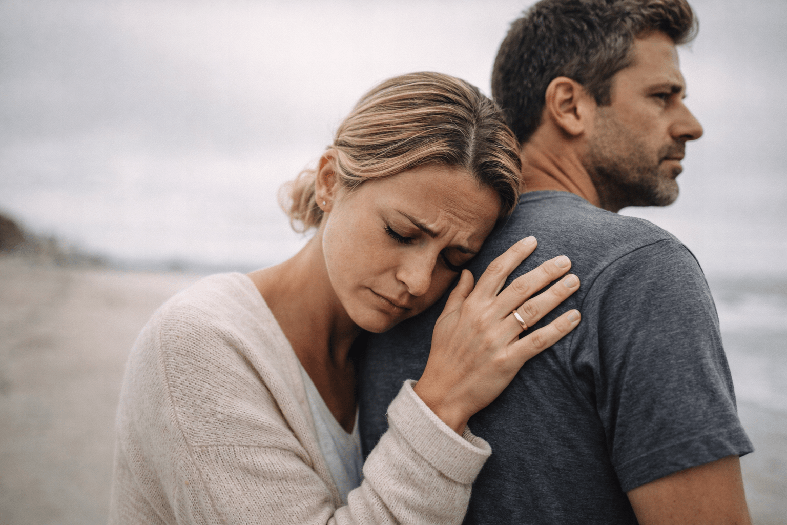 Persona aferrada emocionalmente a su pareja mientras la otra muestra distancia afectiva, reflejando codependencia y desequilibrio emocional en la relación