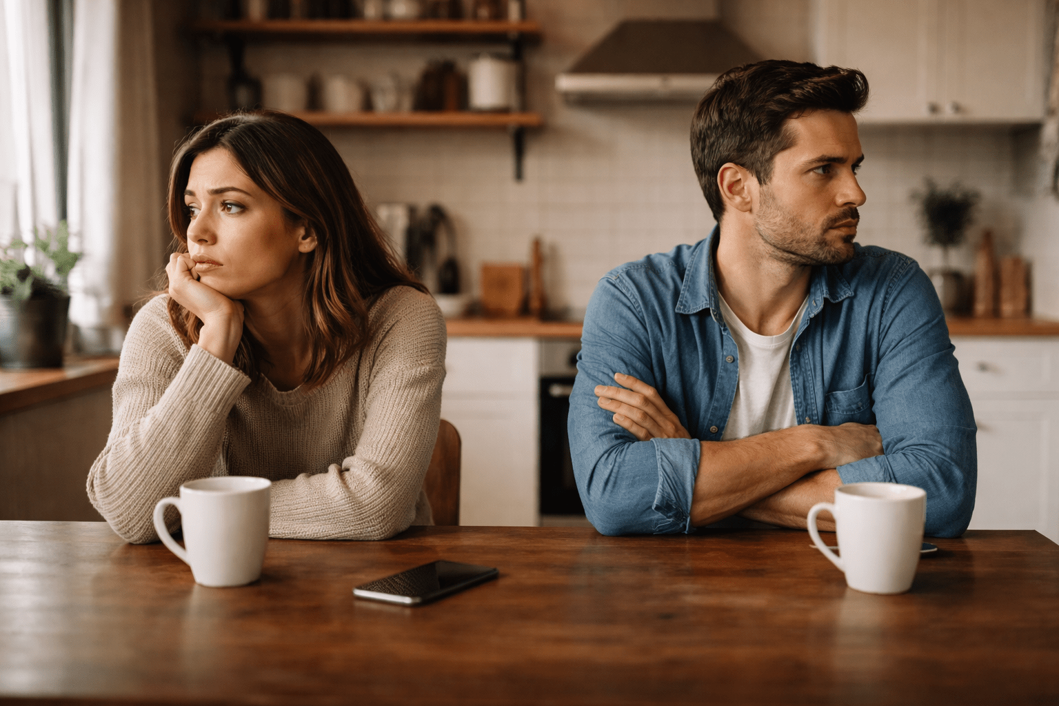 Pareja sentada en silencio en una mesa con tensión emocional visible, miradas distantes y clima de desconexión afectiva en un entorno cotidiano latinoamericano