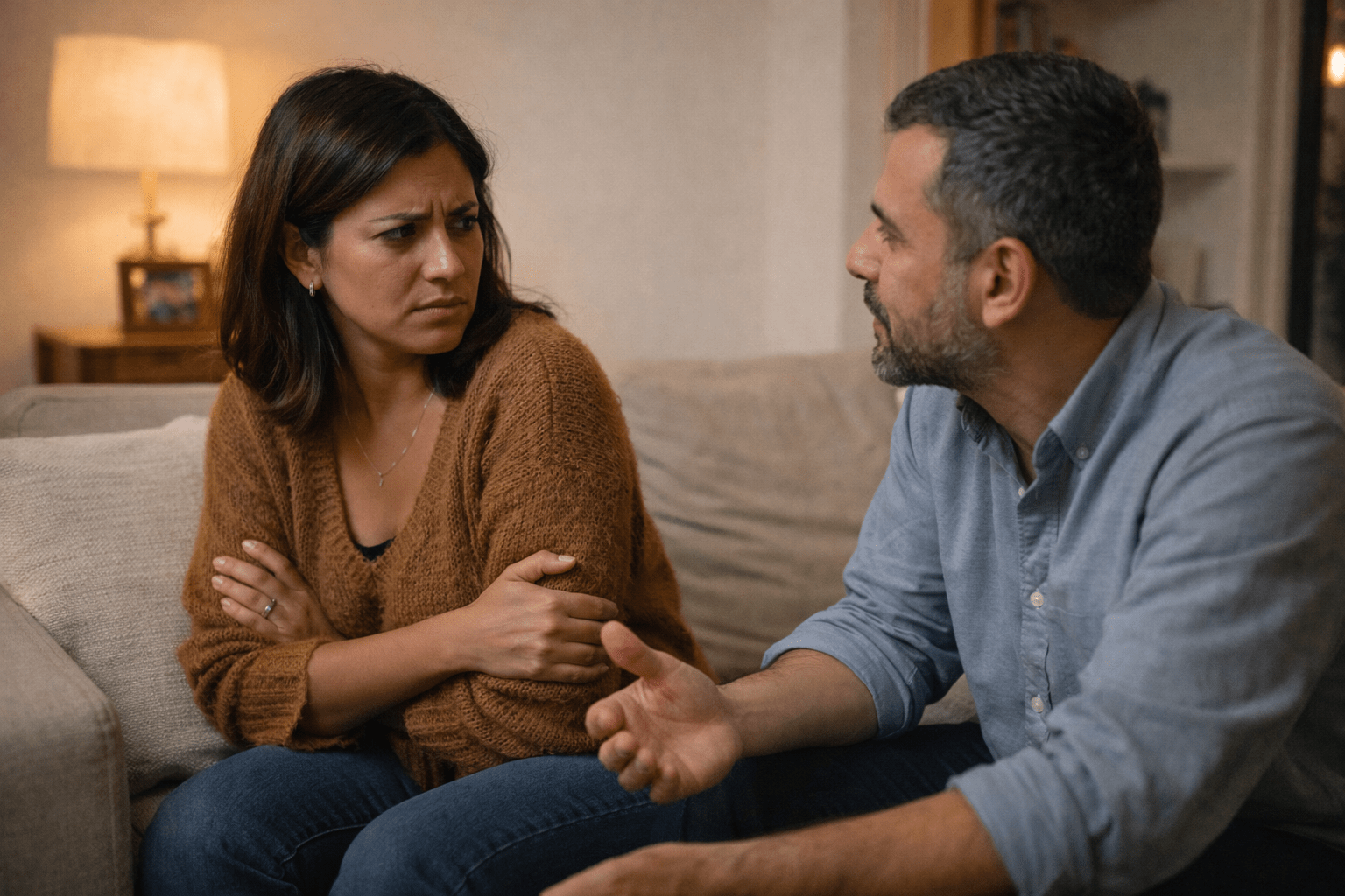 Dos personas latinas conversando en un living, una hablando con calma y la otra con gesto herido y defensivo, en una escena cotidiana que muestra cómo una diferencia simple puede sentirse como ataque. Fotografía realista, luz cálida, clima emocional sobrio y cercano.