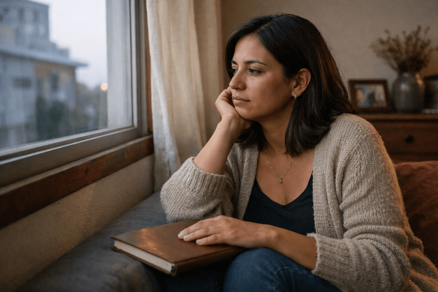 Mujer latina sentada junto a una ventana, con expresión introspectiva, sosteniendo un cuaderno cerrado en un ambiente hogareño cálido, con luz suave de tarde y clima emocional de reflexión, duelo y dignidad.
