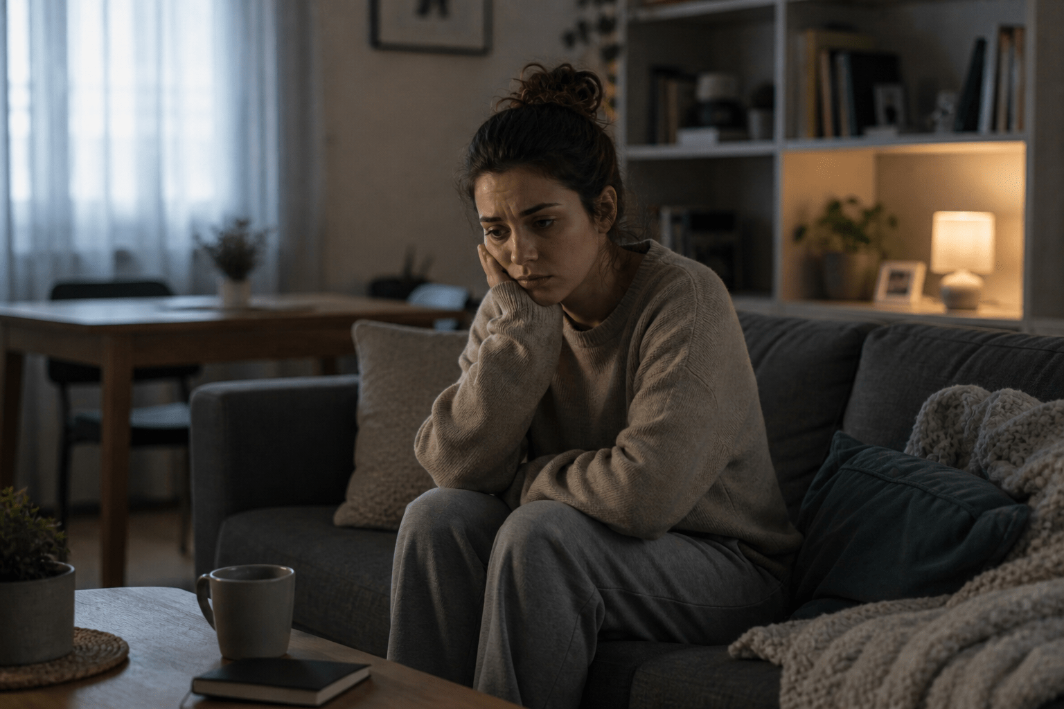 Persona sola en su casa sentada en un sillón con expresión de vacío y tristeza, en un ambiente cálido pero silencioso, reflejando soledad no deseada y desconexión emocional