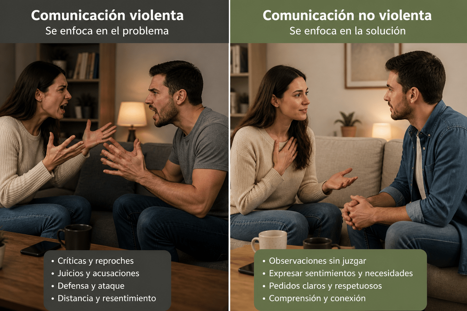 Imagen dividida que muestra una escena de discusión con gestos de enojo y tensión, contrastada con otra escena de conversación calma y empática, reflejando la diferencia entre comunicación violenta y comunicación no violenta