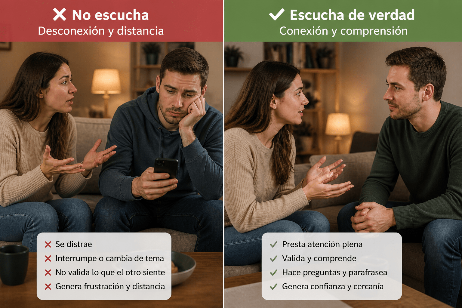 Imagen dividida donde una persona intenta hablar mientras la otra está distraída con el celular, contrastada con una escena de escucha activa y conexión emocional, reflejando la diferencia entre no escuchar y escuchar de verdad