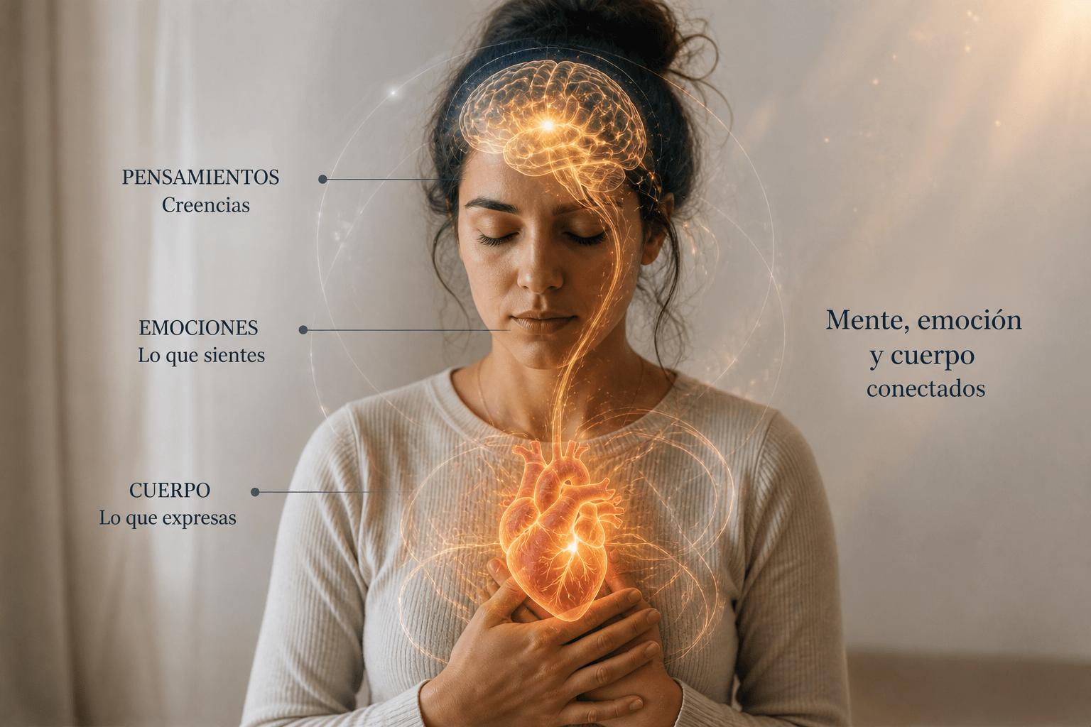 Imagen conceptual de una persona con expresión serena donde se visualiza la conexión entre mente, emociones y cuerpo a través de luz o energía, representando cómo lo emocional impacta en lo físico