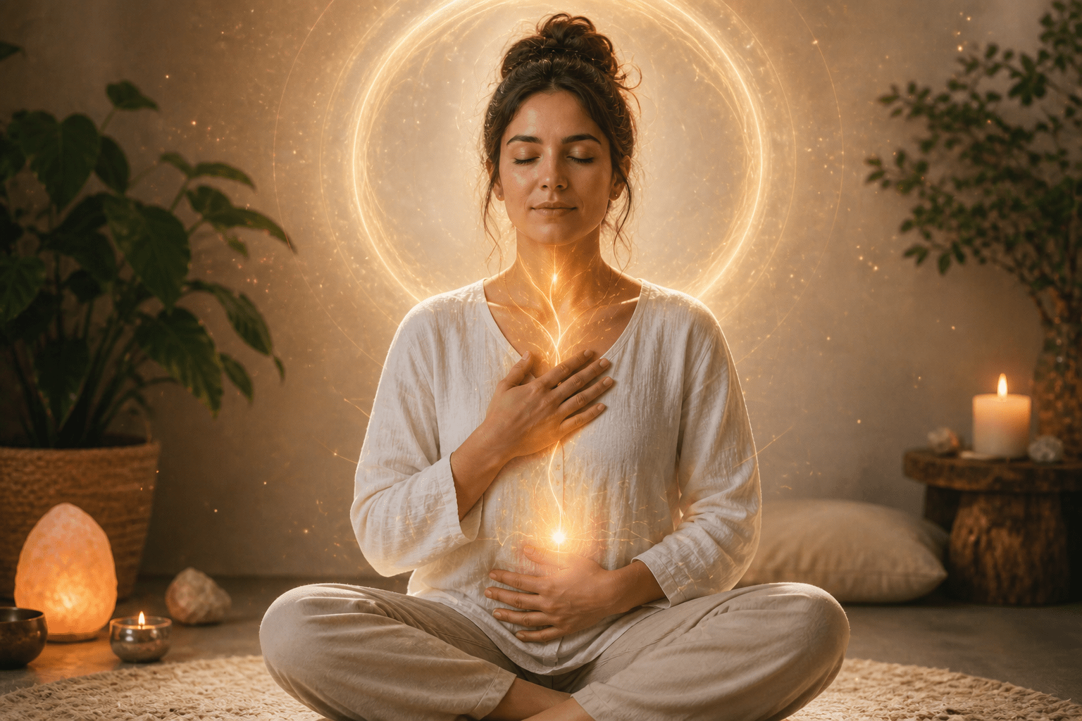 Imagen de una persona en meditación rodeada de una luz suave y energía cálida, representando conexión interior, atención plena y equilibrio emocional en un ambiente sereno