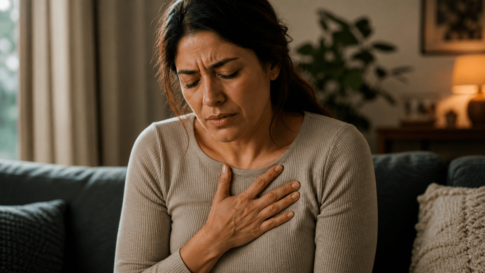 Persona sosteniéndose el pecho con gesto de tensión emocional, en un ambiente hogareño cálido, iluminación suave, expresión de carga interna y angustia contenida, escena íntima que transmite claramente la conexión entre emoción y cuerpo, fotografía realista en formato horizontal 16:9 con rasgos latinos