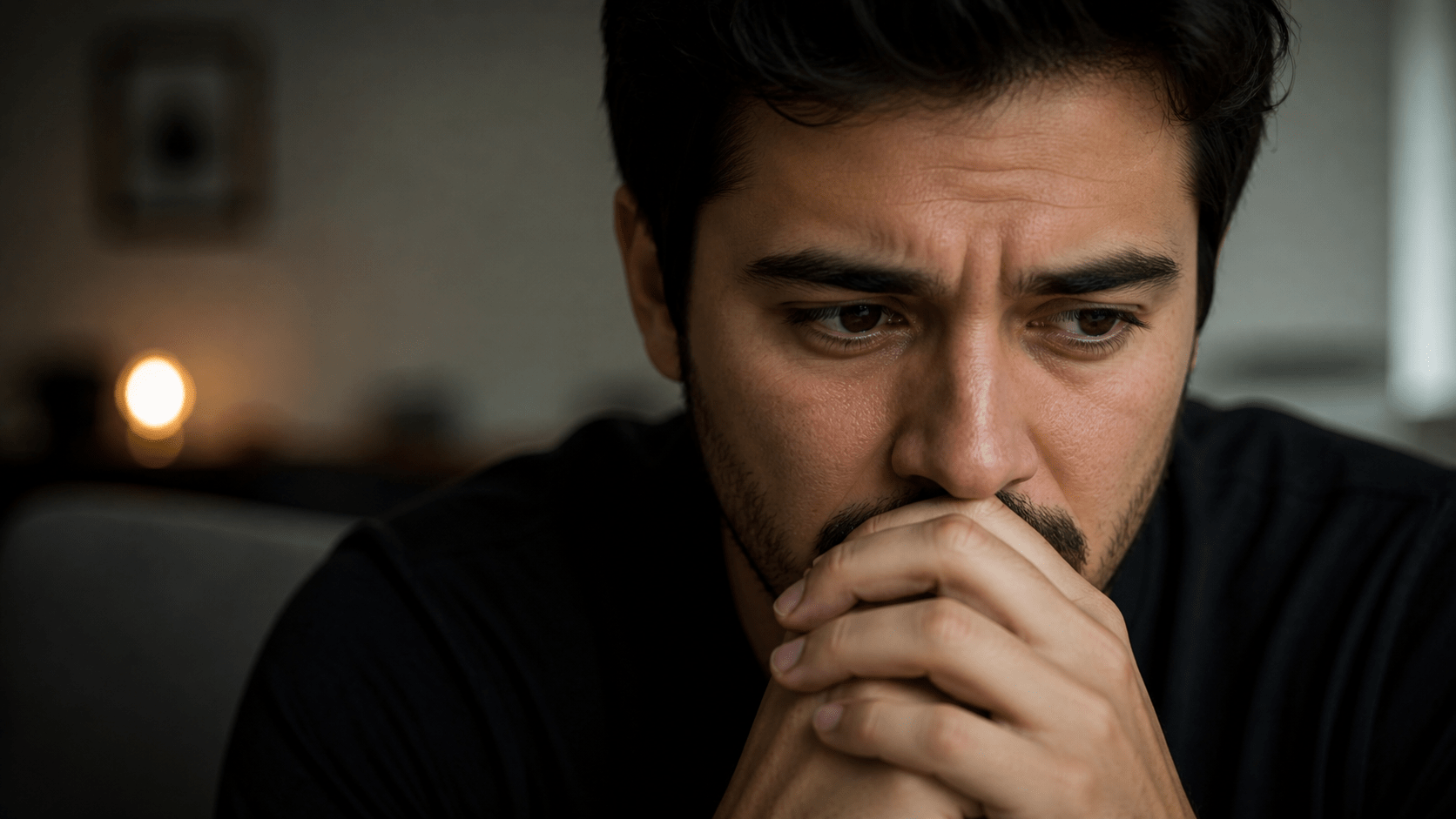 Primer plano de un hombre con expresión de miedo y tensión interna, manos cerca del rostro, mirada preocupada y fondo desenfocado, transmitiendo ansiedad emocional en un ambiente íntimo