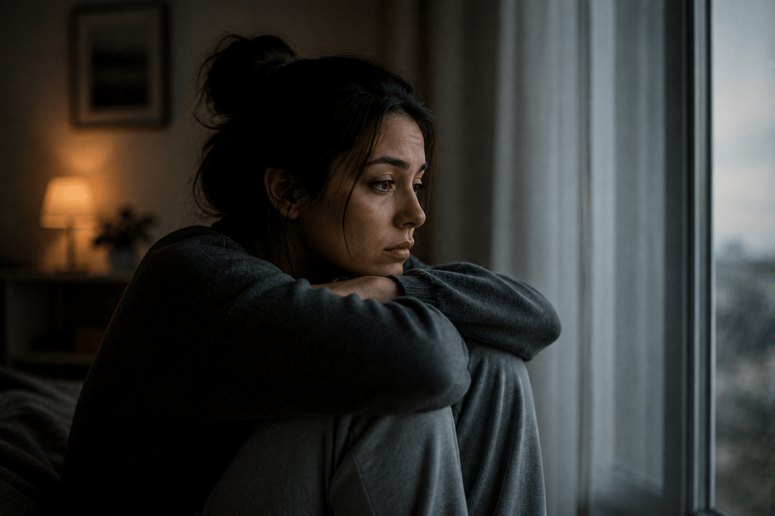 Persona sentada sola junto a una ventana mirando al vacío, con expresión de tristeza profunda y gesto introspectivo, en un ambiente íntimo con luz tenue que transmite dolor emocional silencioso
