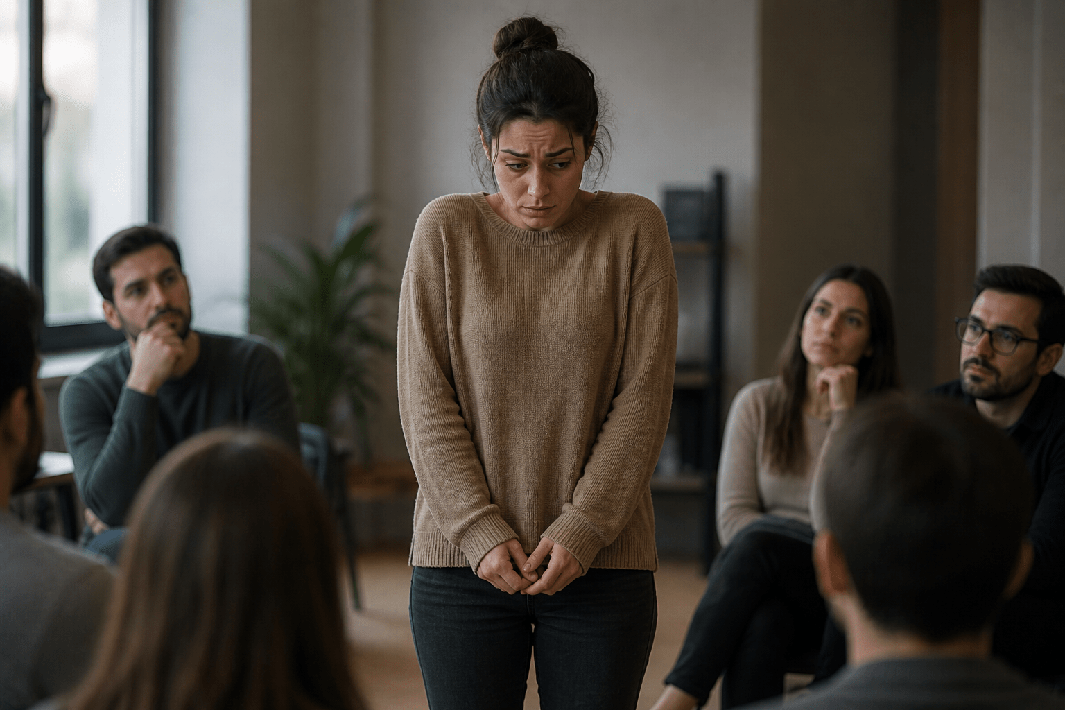 Persona de pie frente a un grupo de personas en un ambiente cerrado, con postura corporal tensa, mirada hacia abajo y expresión de incomodidad, transmitiendo vergüenza y exposición social en una escena realista con rasgos latinos