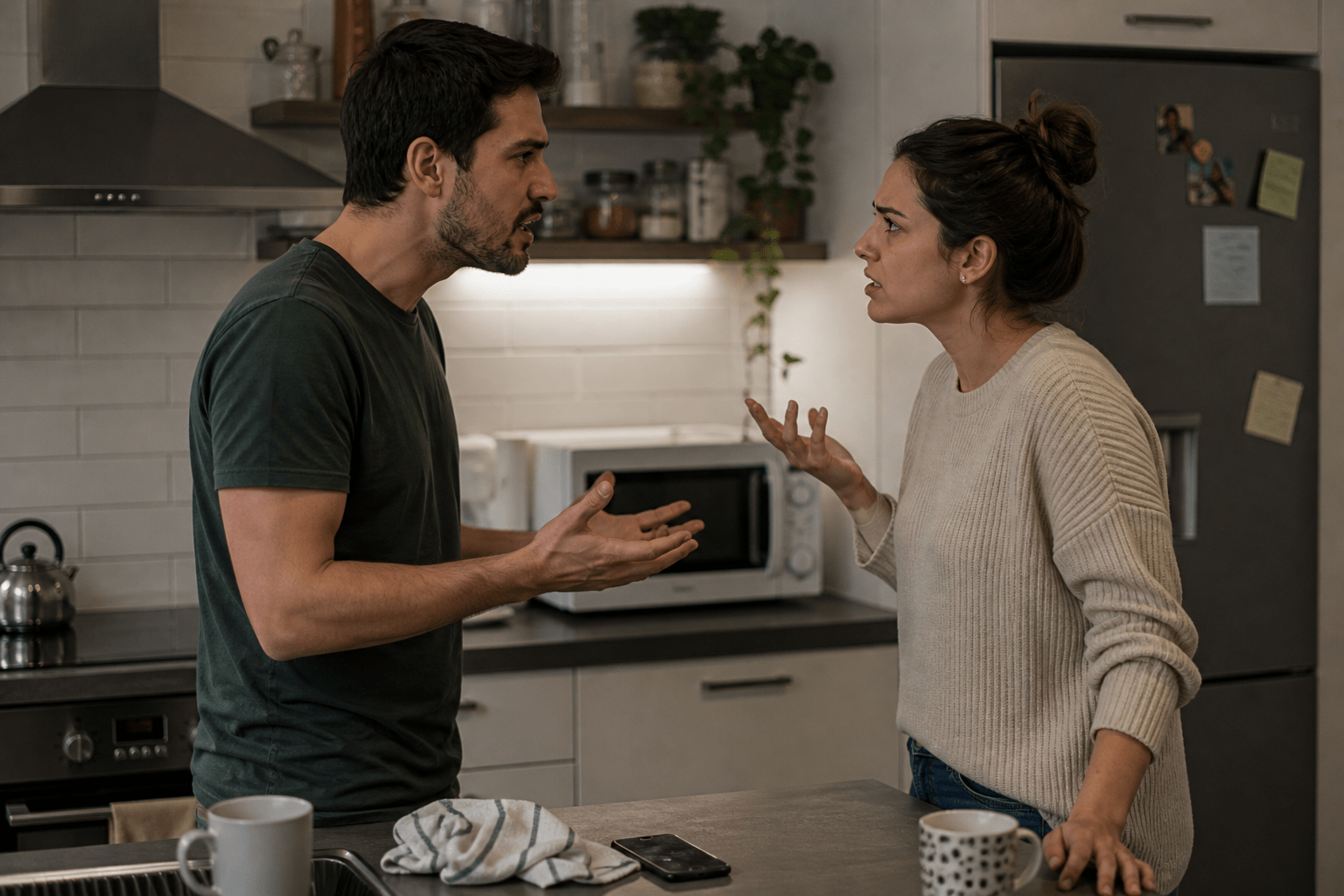 Pareja discutiendo en una cocina moderna, ambos con gestos tensos y posturas corporales activadas, expresando un conflicto cotidiano de convivencia en un ambiente realista con rasgos latinos