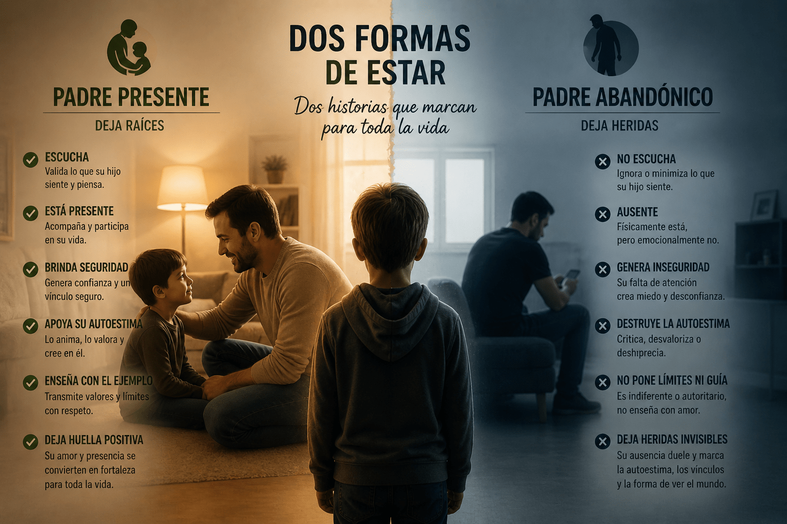 Padre presente vs padre abandonico en la infancia, impacto del abandono emocional en la vida adulta, cómo afecta la ausencia emocional de los padres, heridas de la infancia y autoestima, consecuencias del apego inseguro en adultos