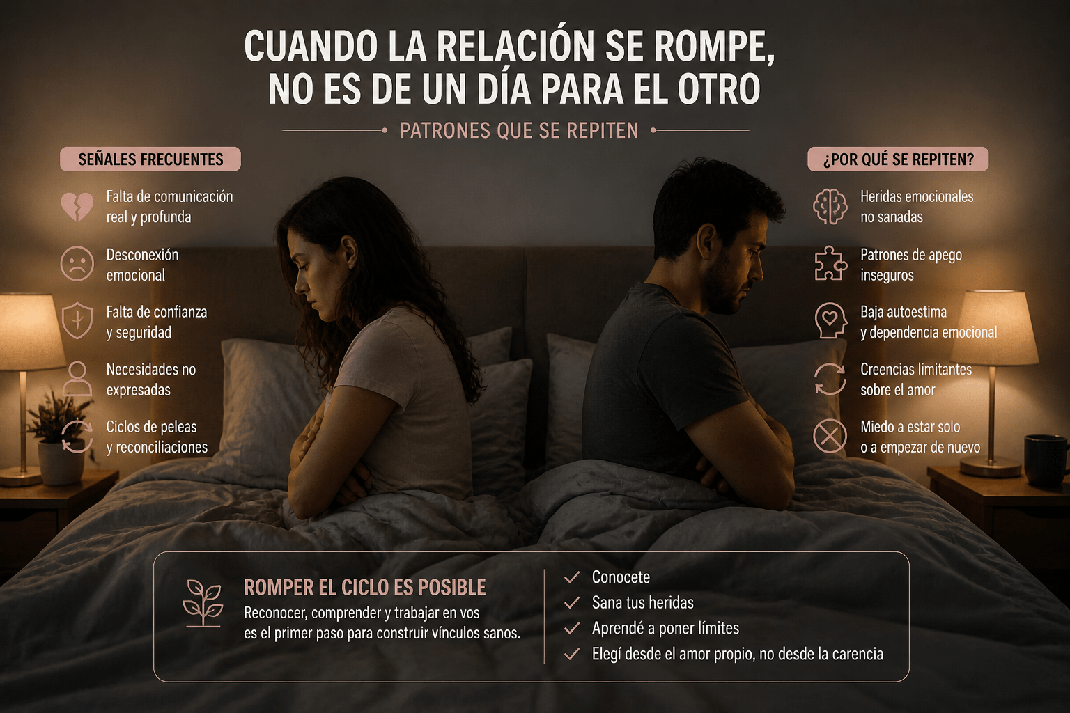 Pareja sentada en la cama dándose la espalda, en un ambiente tenue, transmitiendo distancia emocional, desconexión afectiva y conflicto de pareja en una escena realista
