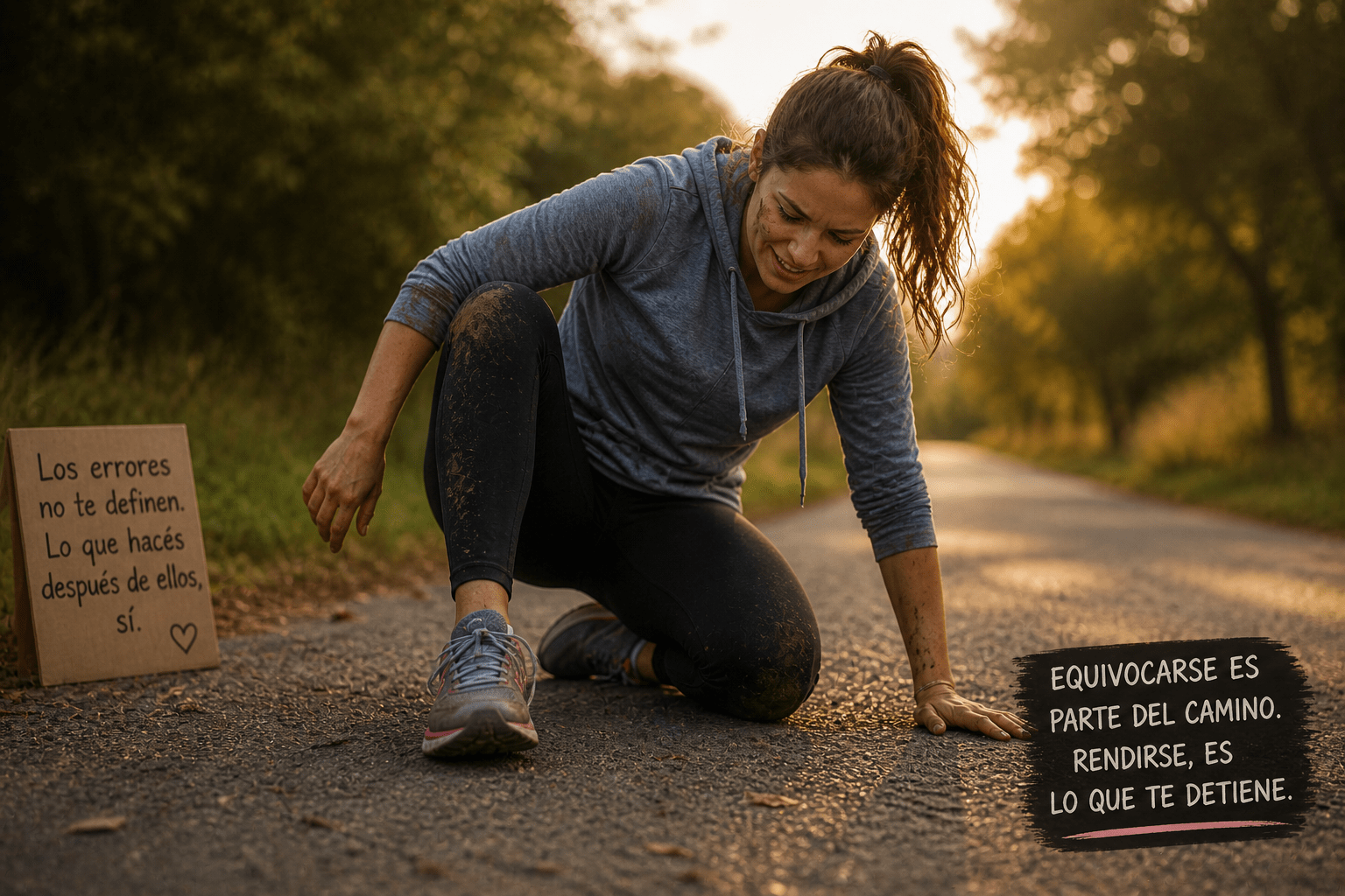 Persona levantándose luego de tropezar en un camino al aire libre, con expresión de esfuerzo y determinación, simbolizando aprendizaje, resiliencia y crecimiento personal en una escena realista