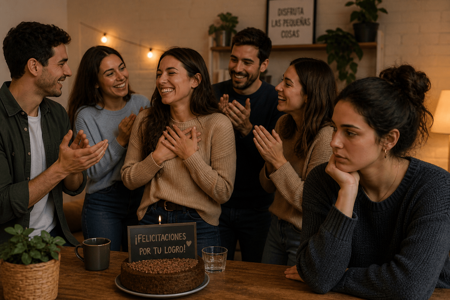 Grupo de amigos celebrando un logro en un ambiente cálido mientras una persona observa en segundo plano con expresión pensativa, reflejando comparación y envidia en la amistad