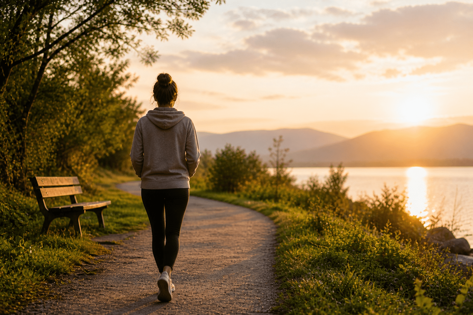 Persona caminando lentamente por un sendero al aire libre durante el atardecer, con postura serena y reflexiva, simbolizando resiliencia, proceso emocional y afrontamiento de una situación de salud