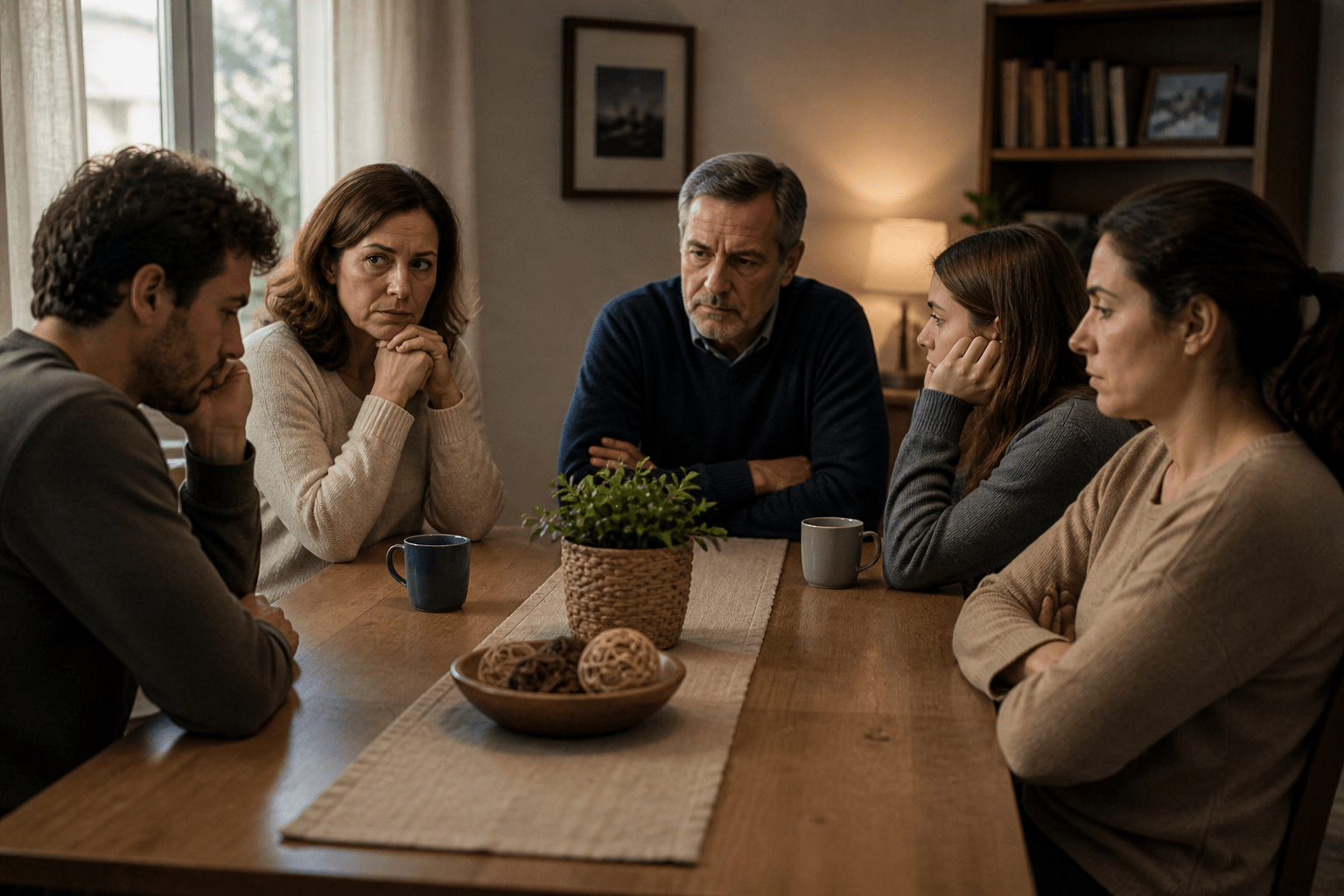 Familia reunida alrededor de una mesa en silencio con expresiones tensas y miradas cruzadas, reflejando distancia emocional y conflicto en el vínculo familiar